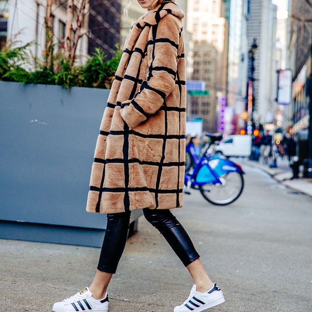Avec Les Filles Windowpane Faux Fur Coat